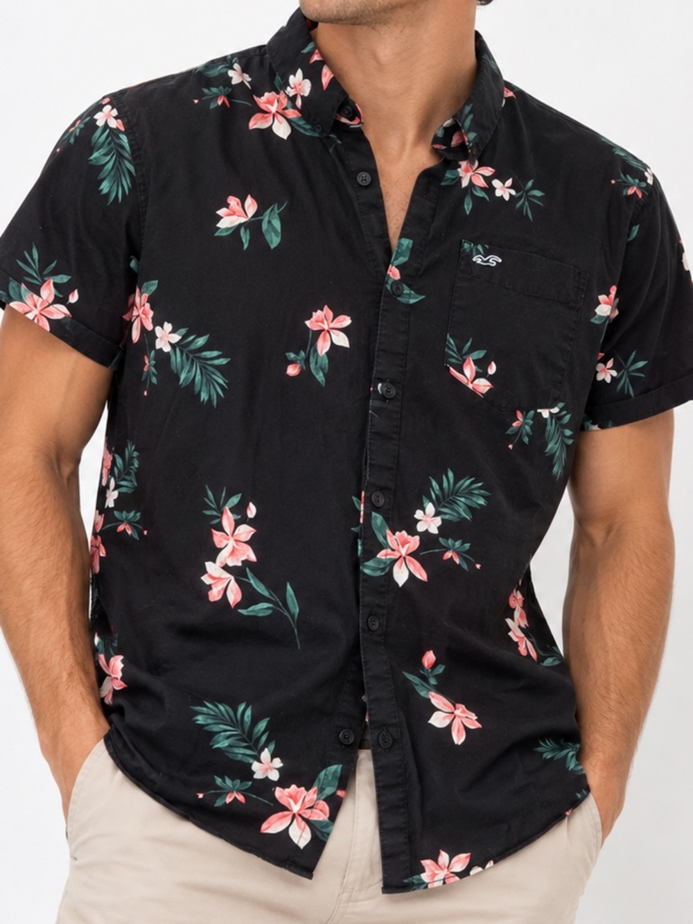 Hollister Epic Flex Black Floral Short Sleeve Button-Up Shirt Men’s XL